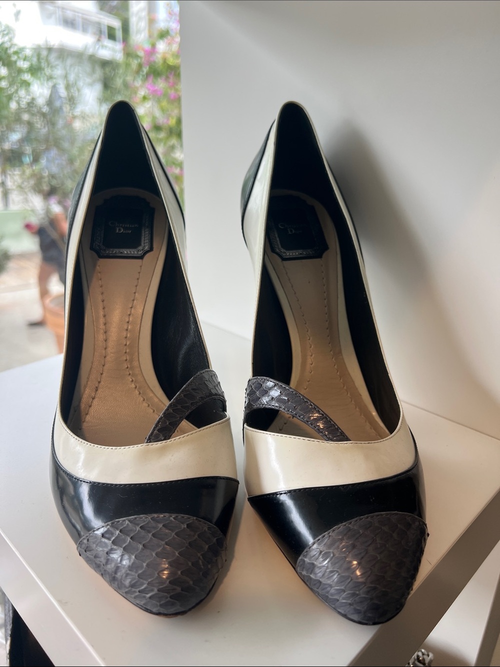 Dior Black & White Pointed Toe Pumps with Textured Gray Cap